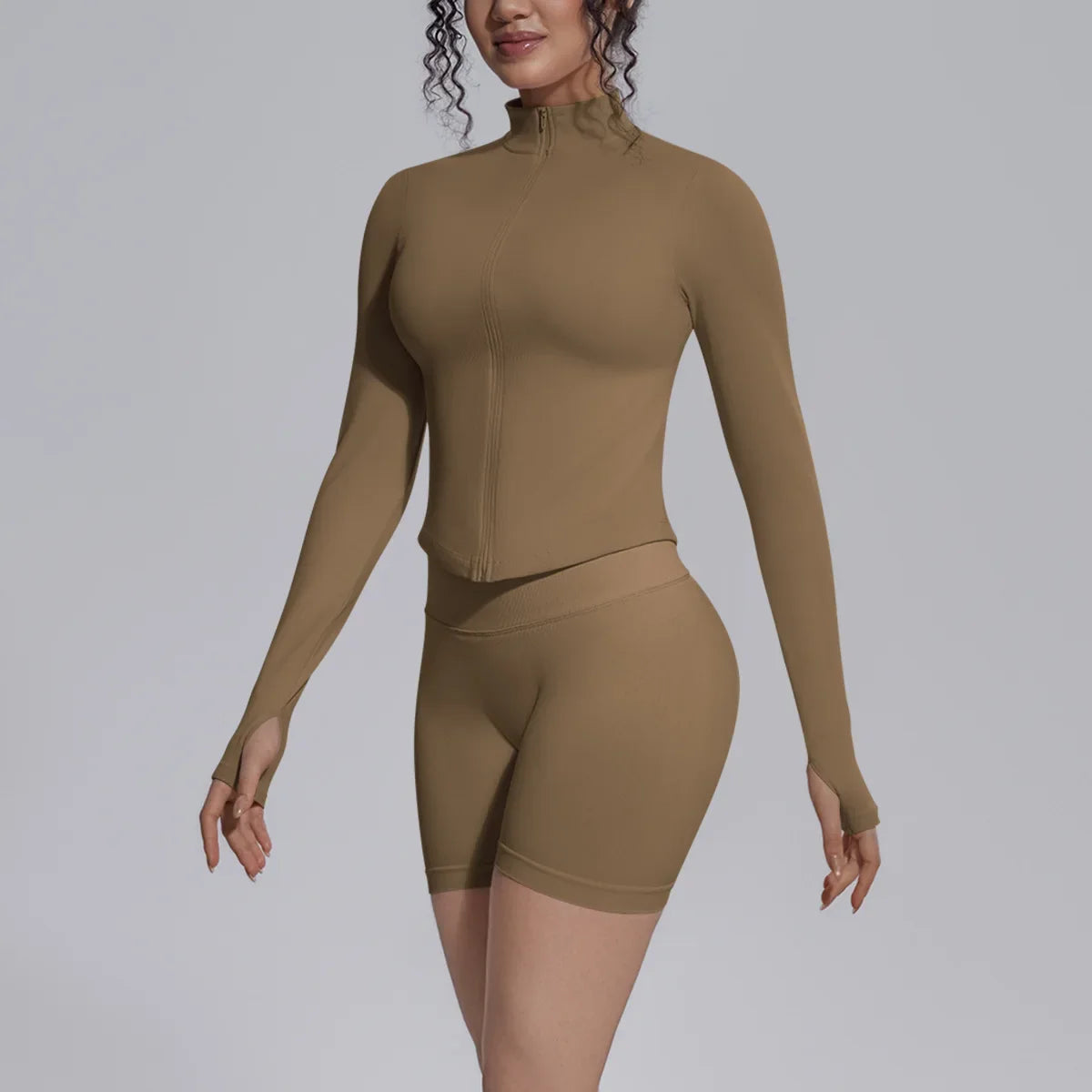 Women's Seamless Yoga Sets Sports Fitness Gym Zipper Long-Sleeve Jacket Hip Lift High-Waist Shorts Suits Workout Training Sets