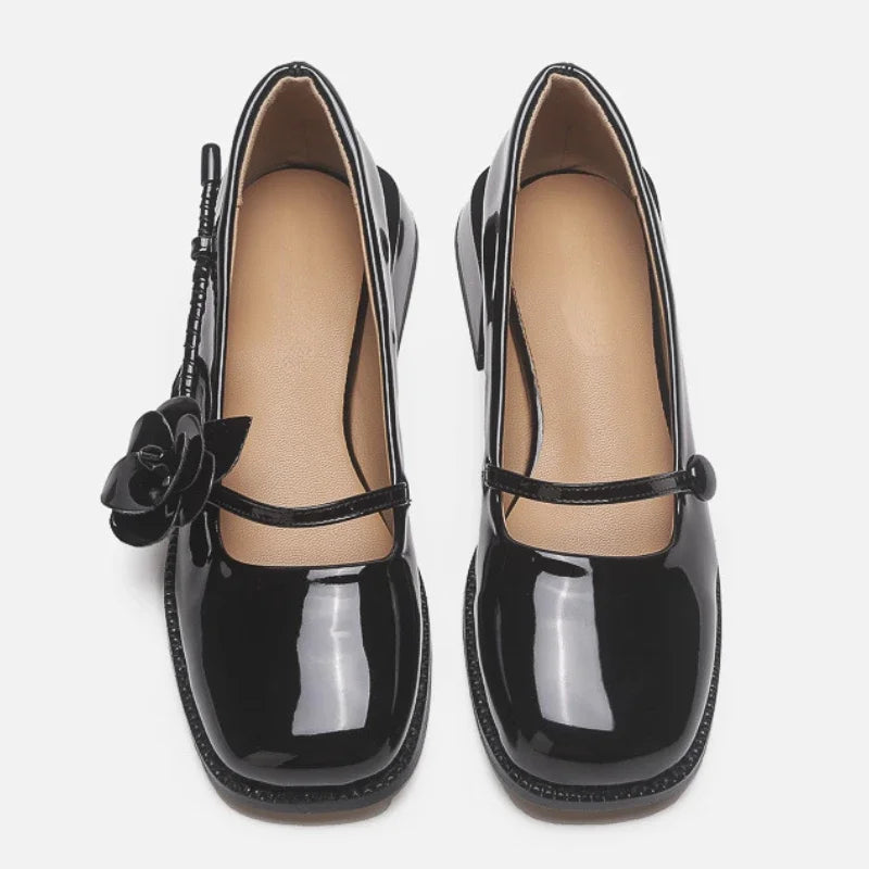 Lacquer Leather Mary Jane Shoes Women Flower Designer Women Shoes Shallow Fashion Square Toe Elegant Chunky Retro Pumps Female