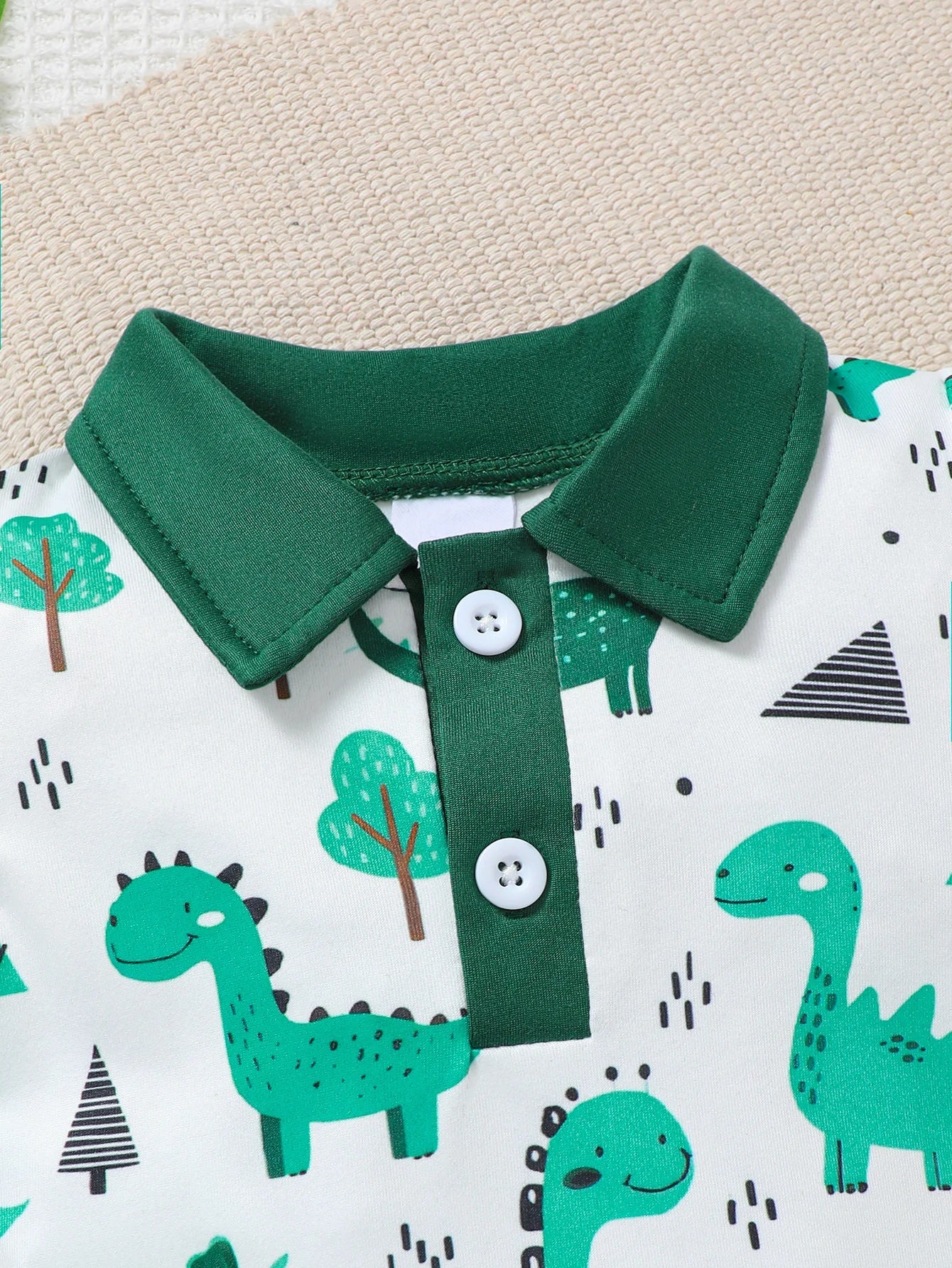 Baby Boy Summer Outfit 2-Piece Set Cartoon Dinosaur Print Polo Short Sleeve Romper with Fashionable Cute Overalls