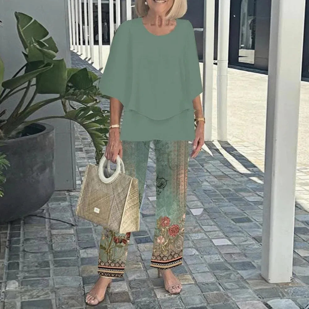 Summer Fashion New 2 piece Sets Women o-neck Sleeve print Pants Suits Casual Loose Irregular Top Wide Leg Pant two piece Set