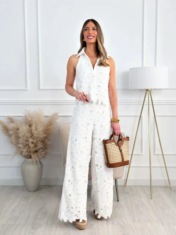 Fashion Lace Embroidered Cardigan Vest Tops + Wide-leg Trousers 2-piece Summer New Chic Elegant Women OfficeLong Pants Suit 2025