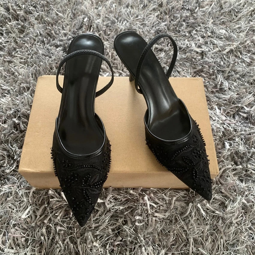 Black Embroidered Mesh Slingback High Heels Sandals for Women Designer Shoes Woman Elegant Style Wedding Party Pumps