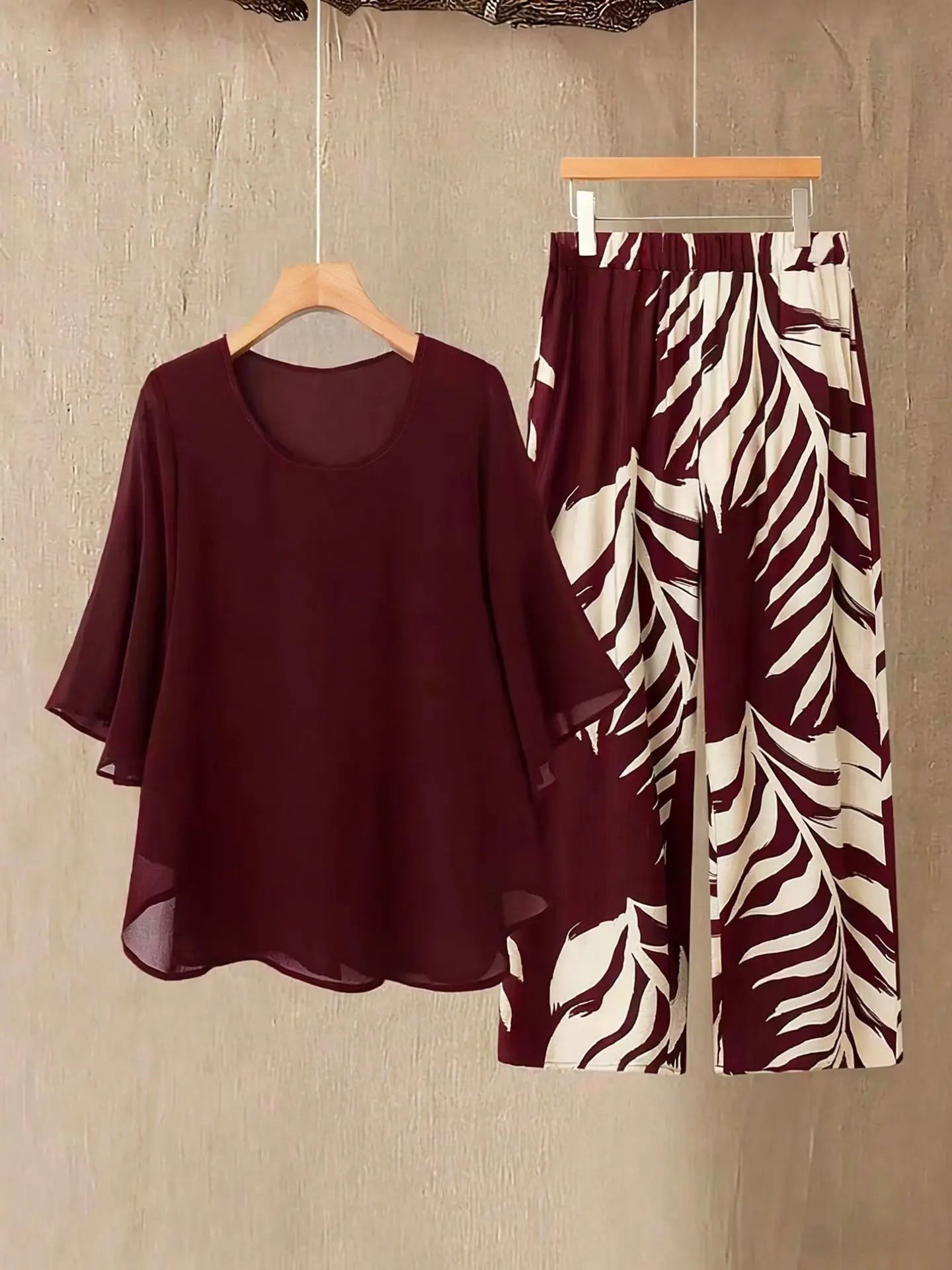 Lady Colorful O Neck Loose Suit Casual Chiffon Set Three Quarter Sleeve Top Wide Leg Pants Women Outfit Comfortable 2 Piece Sets
