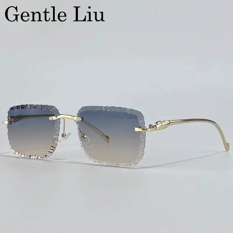 Fashion Square Rimless Punk Sunglasses Men 2025 Luxury Brand Cut Edge Frameless Sun Glasses For Male Leopard Head Eyewear Shades