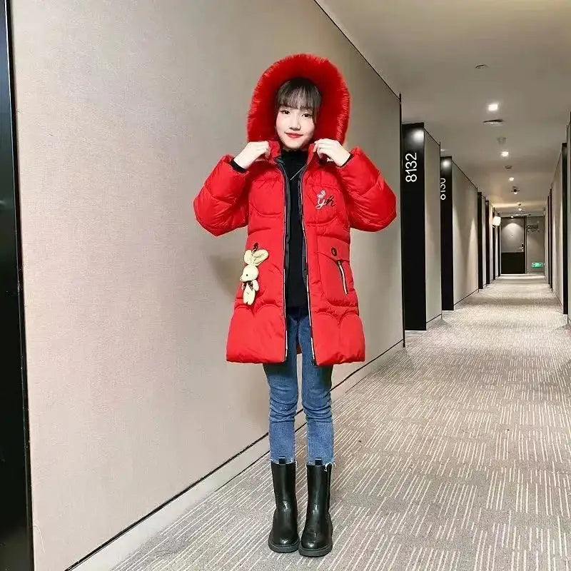 4 Color Big Size Winter Keep Warm Long Style Girls Jacket Teenage Thick Heavy Cold-proof Hooded Windbreaker Coat For Kids