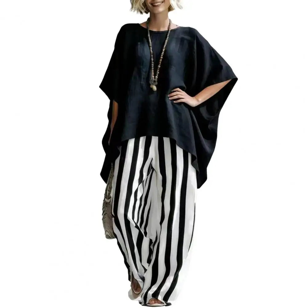 Women T-shirt Pants Two Piece Set Summer O-Neck Short Batwing Sleeves Shirt Striped Trousers Loose Casual Top Pants Suit Casual