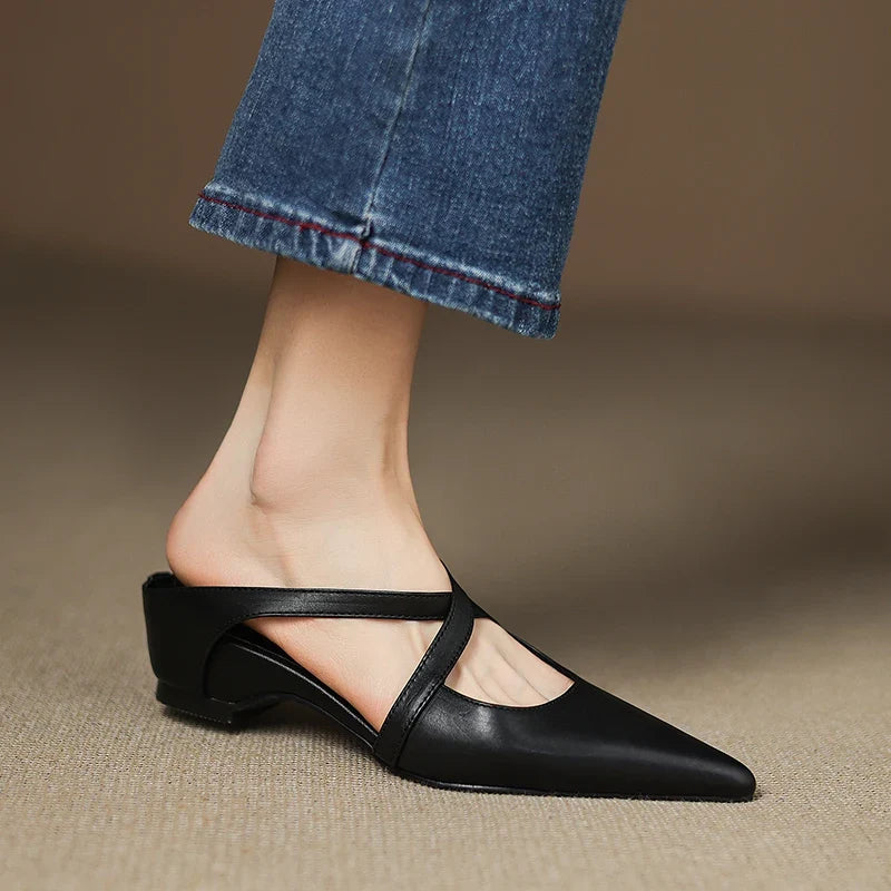 2026 New Summer Women Mules Genuine Leather Women Shoes Pointed Toe Low Heel Cover Toe Slingback Modern Slippers Ladies Shoes