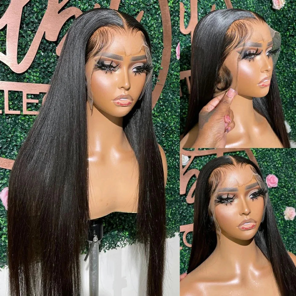 Peluca frontal de encaje largo y liso 13x4, color negro, sintética, para mujeres afroamericanas, pre-arrancada con pelo de bebé, nudos decolorados, sin pegamento