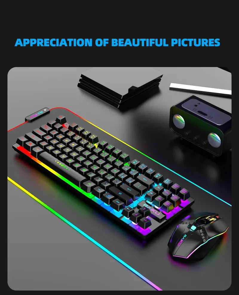 R905 Wireless Illuminated Keyboard and Mouse Set, Color-Matching Office and Gaming E-Sports Set, 87-Key Rechargeable Keyboard
