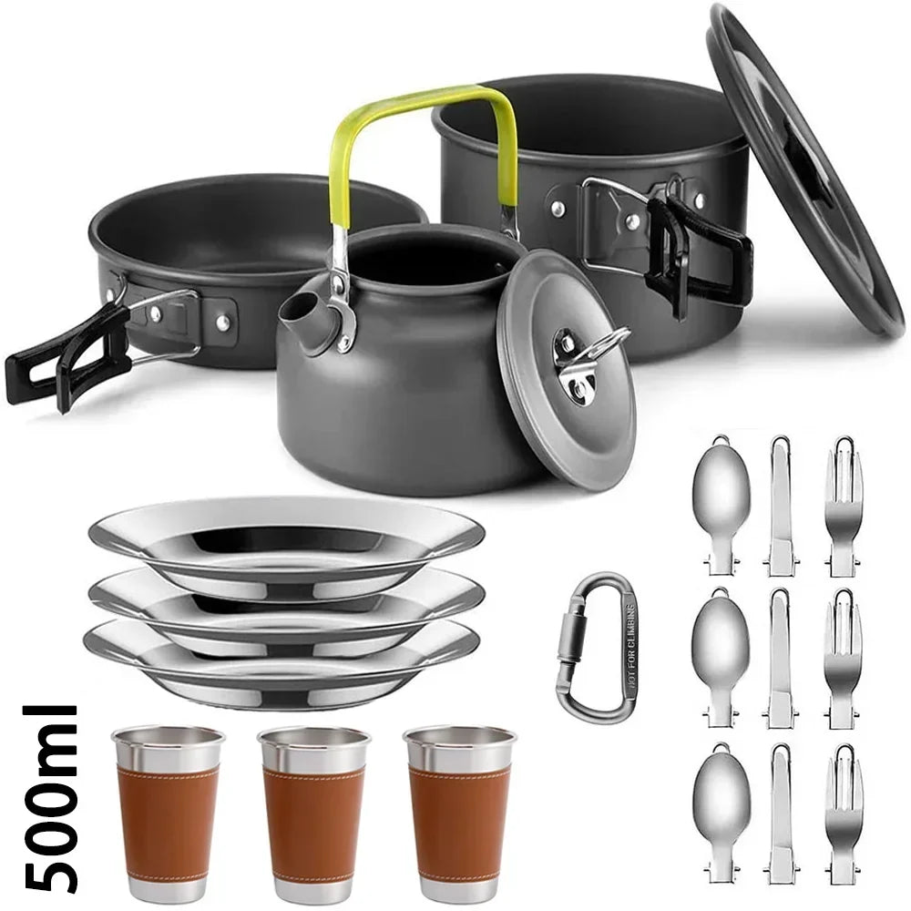 2-3 Person Non-Stick Camping Cookware Set, Portable Outdoor Picnic Travel Tableware with Teapot