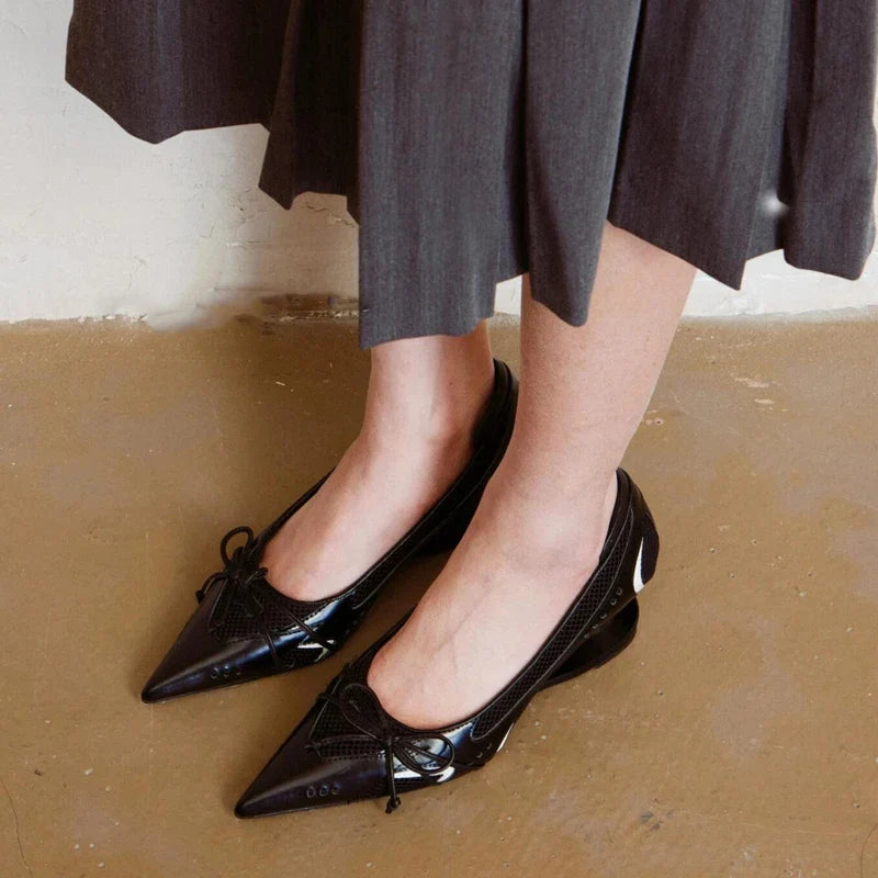 Special Heel Spliced Heels Pointed Toe Heels Women's Fashion Shallow Mouth Bow Non-Slip Mary Jane Single Shoes Large 42