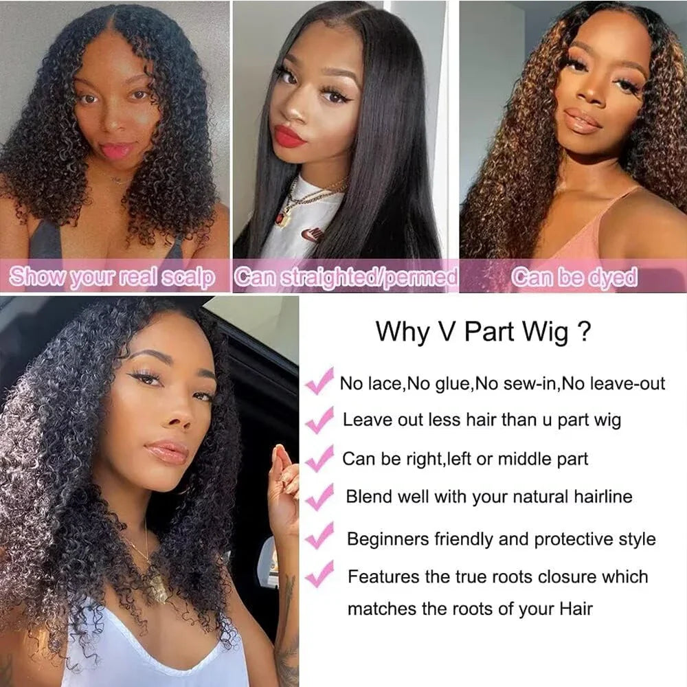 Peluca de cabello humano rizado afro de densidad 200% para mujeres afroamericanas, peluca en V, fácil de instalar, cosida a máquina