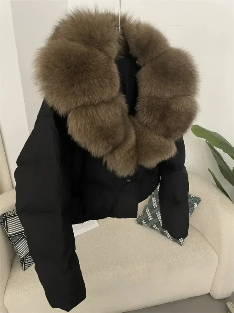 Down Jacket Women Short Puffer Jacket Thick New Big Natural Real Fox Fur Coat  Autumn Winter Female White Duck Down Coat Feather