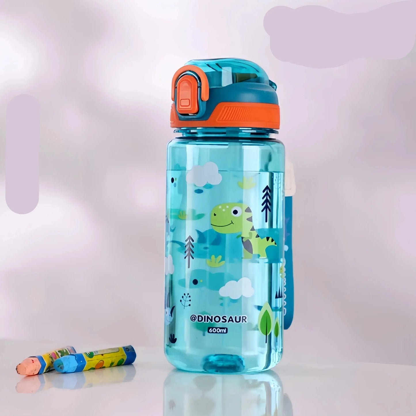 600ml Dinosaur Water Bottle with Silicone Straw