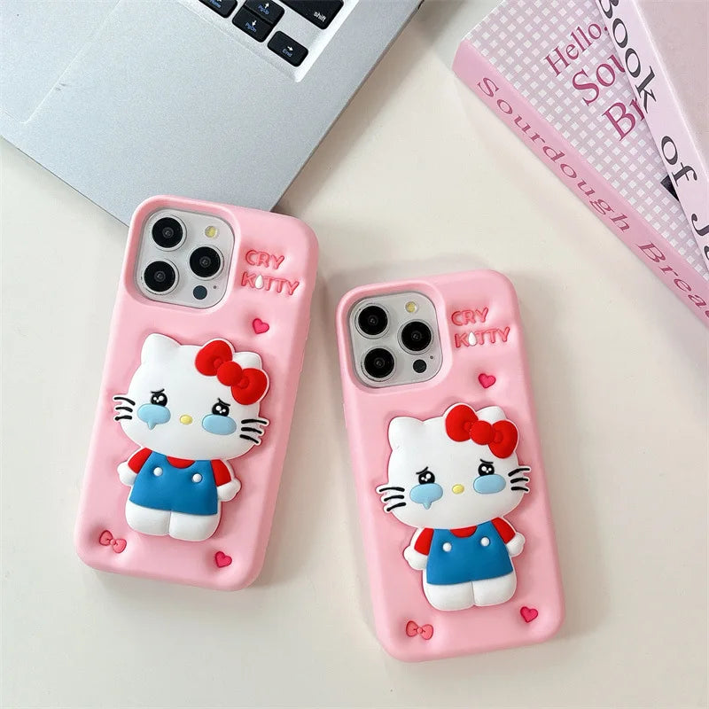 Funda de teléfono de silicona suave con soporte telescópico de dibujos animados 3D de Kawaii Cry Hello Kitty para iPhone