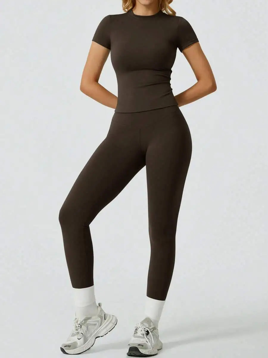 2 Piece Yoga Set Women Short Sleeve Top High Waist Leggings Gym Workout Clothing Tummy Control Fitness Sportswear Activewear Sui