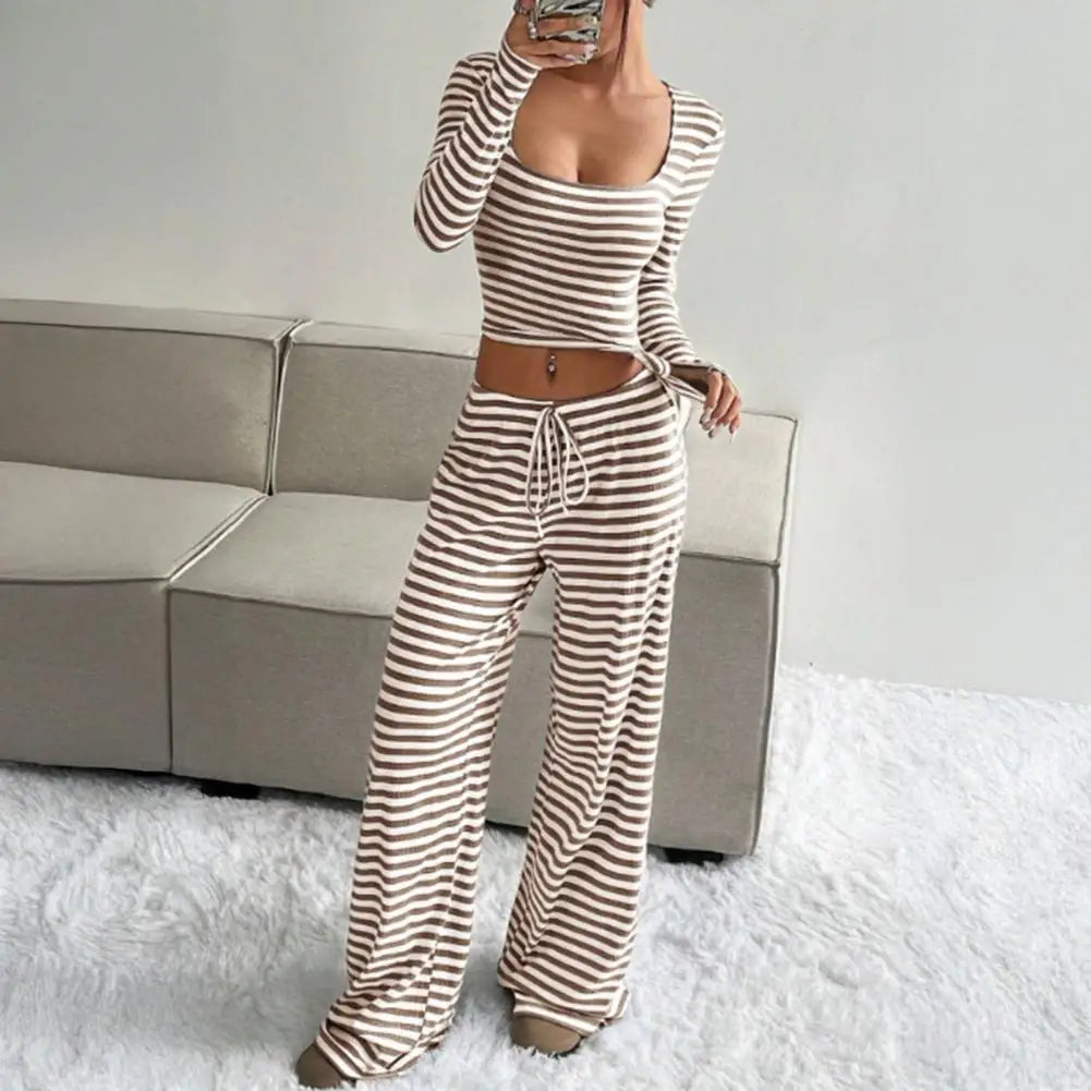 Women's Striped 2 Piece Outfits Long Sleeve Square Neck Cropped Top Drawstring Wide Leg Pants Set Casual Lounge Lady Sweatsuits