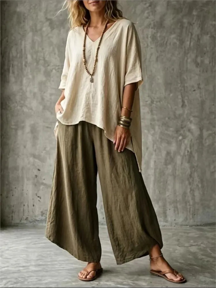 Summer New Loose Retro Short-sleeved T-shirt Trousers 2-piece Set Women's Fashion Irregular Top + Wide-leg Trousers Set Female
