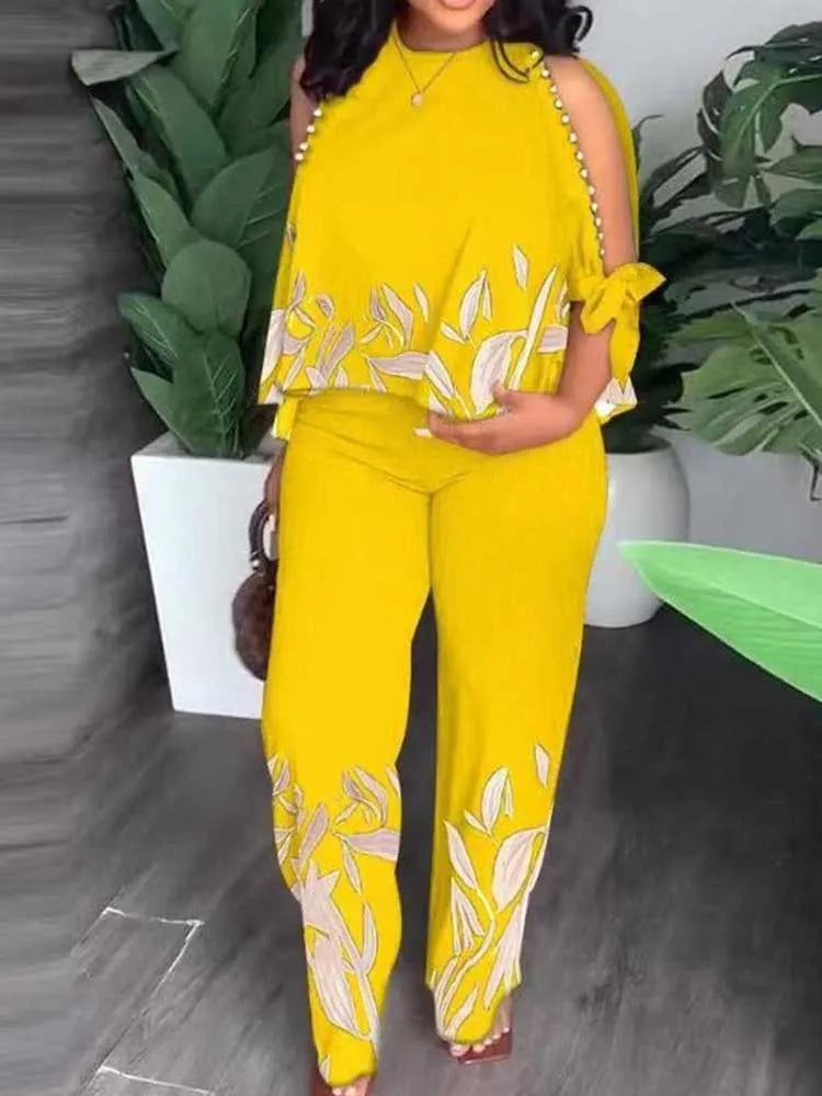 Female Clothing Summer Women Outfit Pearl Off The Shoulder Blouse and Trouser Elegant 2-piece Sets Plus Size Pant Sets