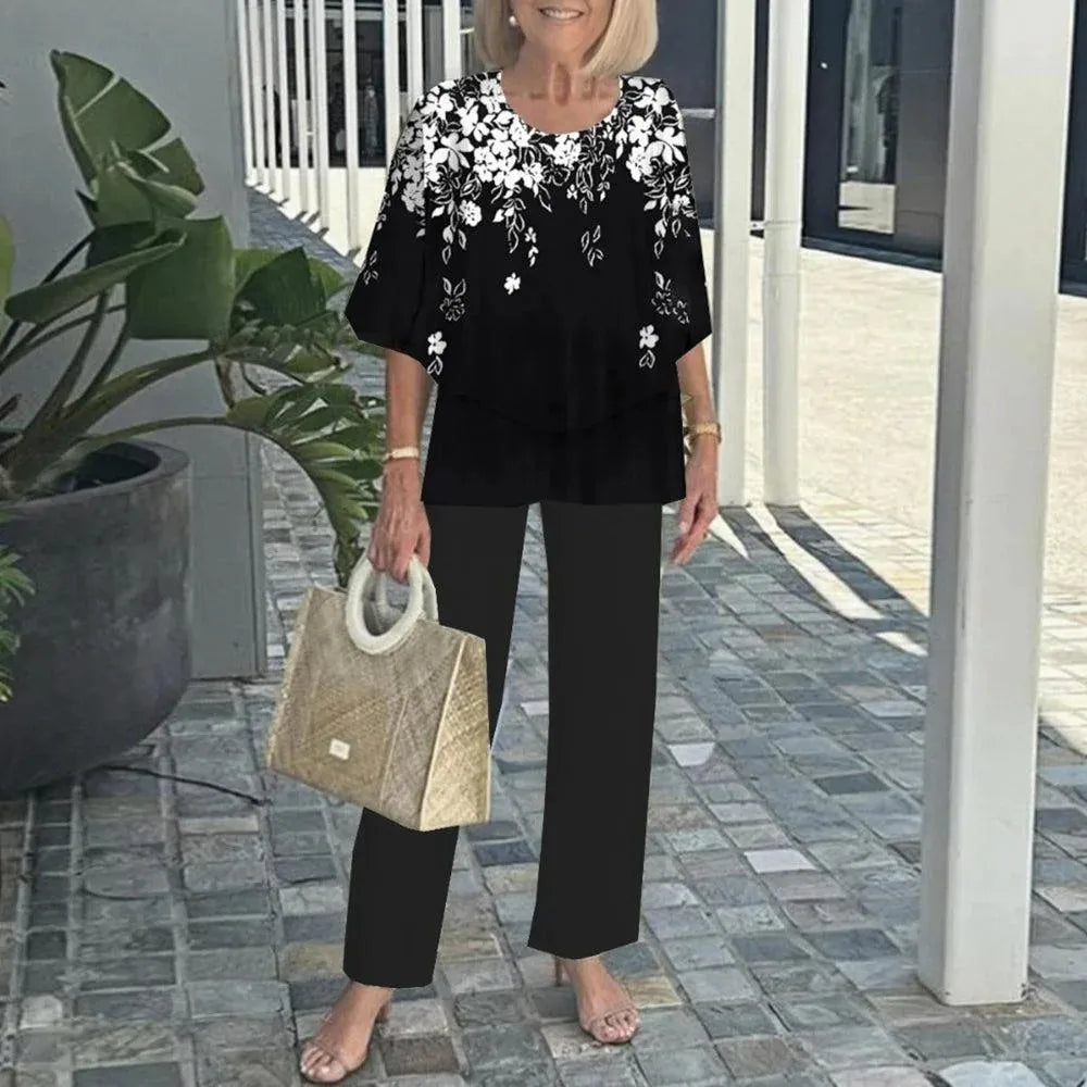 Summer Fashion New 2 piece Sets Women o-neck Sleeve print Pants Suits Casual Loose Irregular Top Wide Leg Pant two piece Set