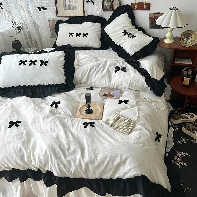 Black Bow Cotton Bedding Set, Princess Style Cute Girl Skin Friendly Soft Duvet Cover, Bed Sheet or Bed Skirt Pillowcase