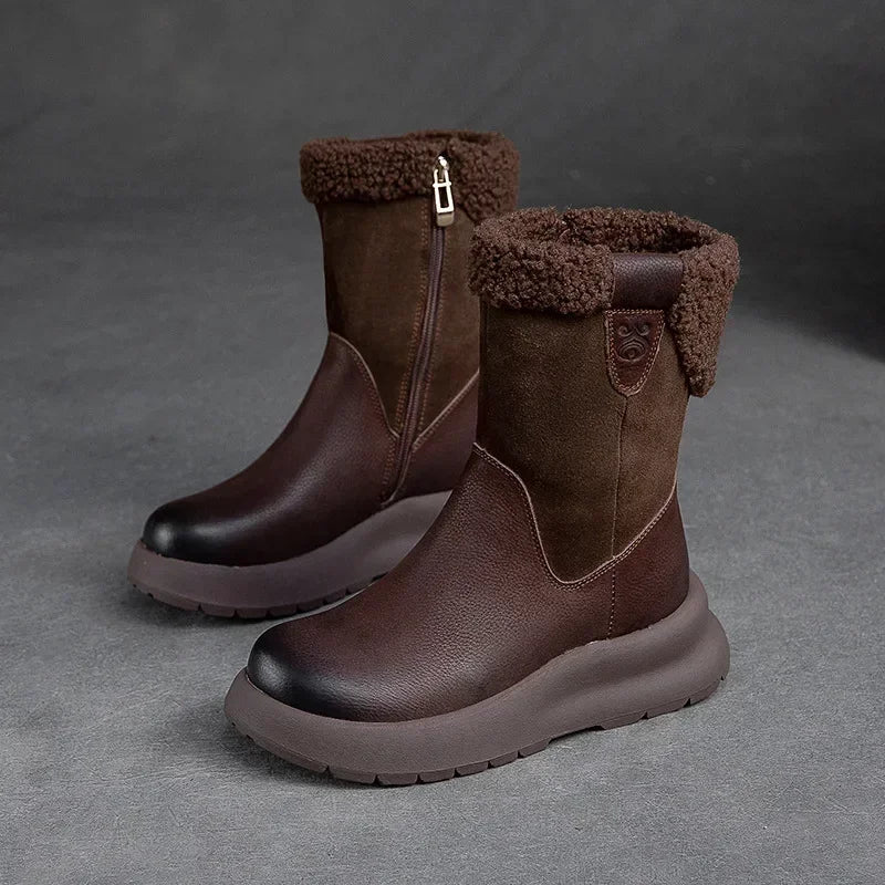 Koznoy 5cm Natural Genuine Leather Chunky Cow Spring Rubber Ankle Boots Soft Soled Winter Plush Flats Booties Autumn Women Shoes