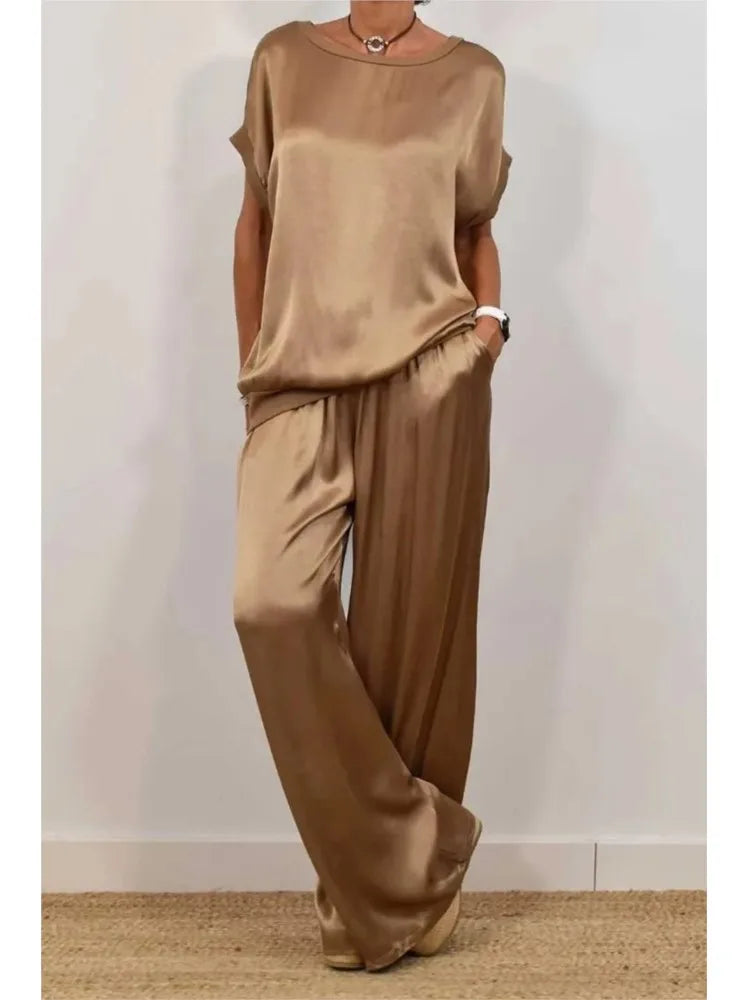 2-piece Set Fashion Satin O Neck T-shirt Top Trousers Summer Retro Elegant Casual Loose Wide-leg Pants Female Home Clothing Suit