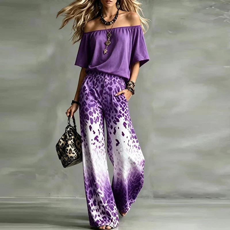 Vintage Printed One Shoulder Short Sleeve Women T-Shirts Pocket High Waist Wide Leg Pants Suit Women Casual Two Piece Set