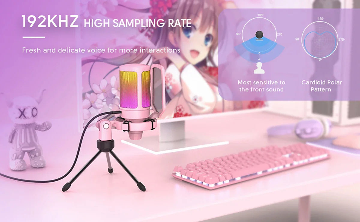 FIFINE USB Gaming PC Microphone for Streaming Podcasts,AmpliGame RGB Computer Condenser Desktop Mic for studio/Video-Pink