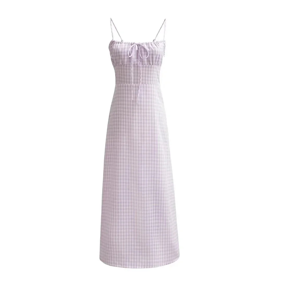 Foridol Spaghetti Strap Tie Up Plaid Dress Women Summer Beach Midi Sundress Strapless Retro Pink Short Vestidos Female Dress