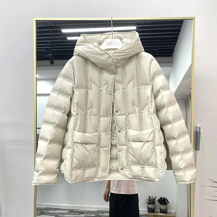 90% White Duck Down Women Down Jackets 2023 New Female Stand Collar Single-Breasted Puffer Jacket Casual Loose Hooded Parkas