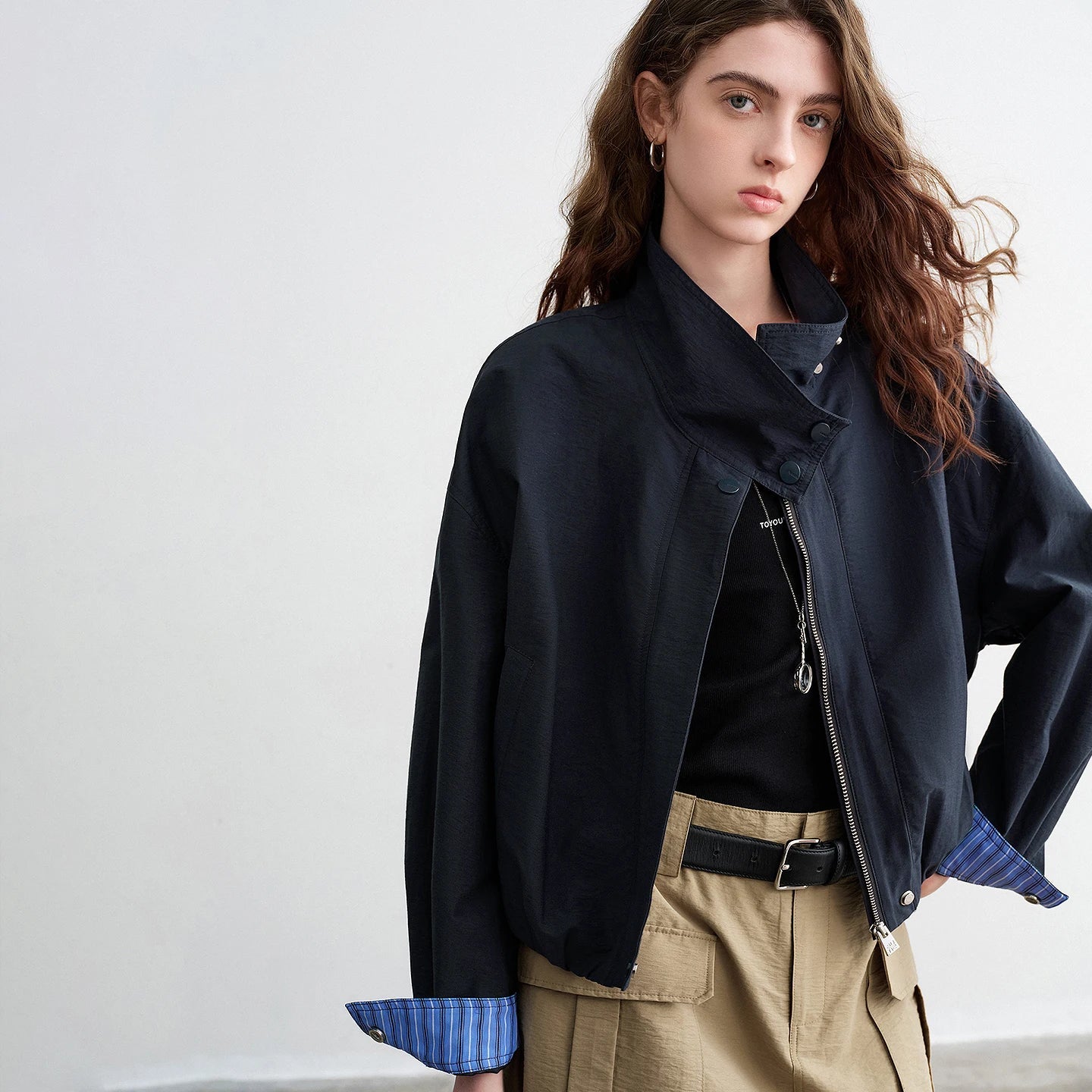 TOYOUTH Women Slub Cotton Jackets 2026 Spring New Cropped Tulip Silhouette Striped Cuff - Turn Up Stand Collar Tops