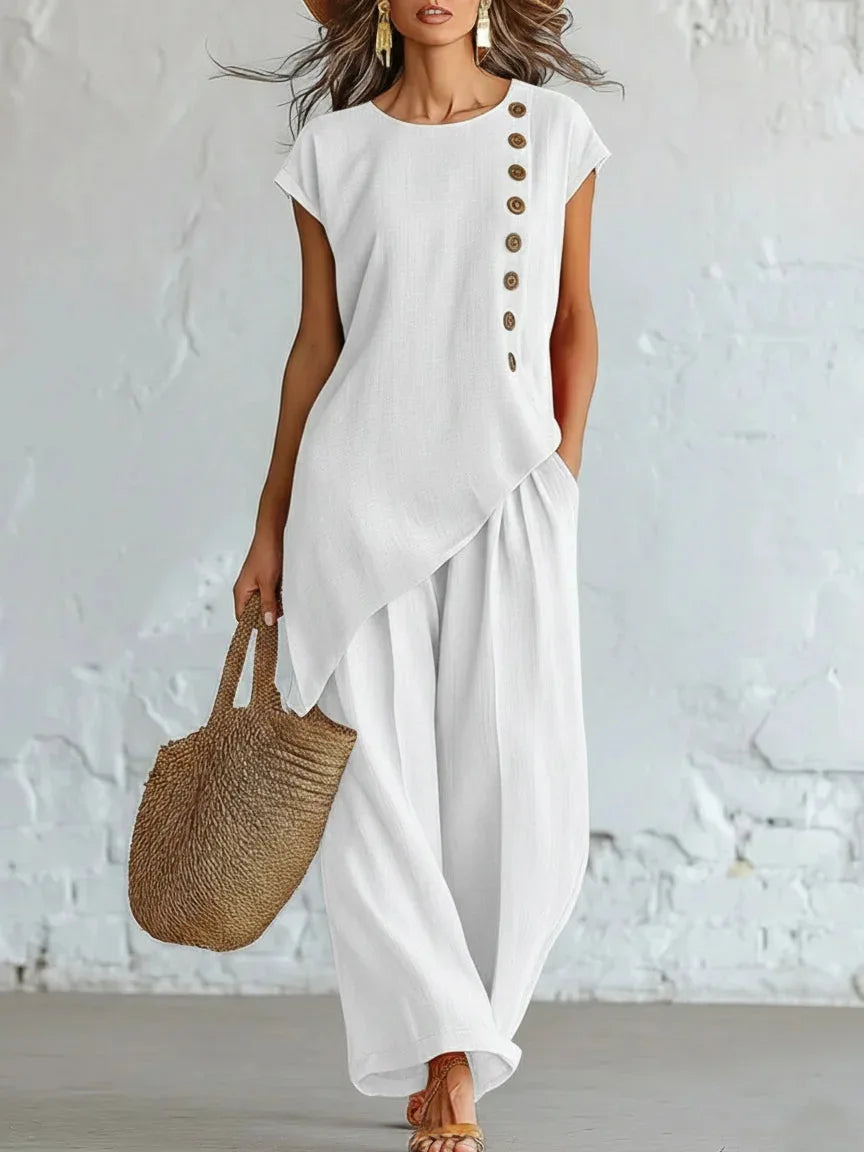 2026 Women 2 Piece Set Elastic Waist Pocket Button Decorate Wide Leg Pants+Solid Blouse Suit Casual Top Trousers Lady Outfits