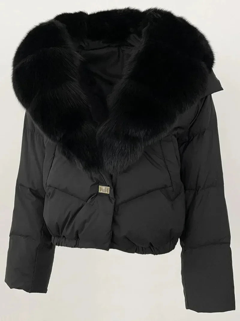 Down Jacket Women Short Puffer Jacket Thick New Big Natural Real Fox Fur Coat  Autumn Winter Female White Duck Down Coat Feather