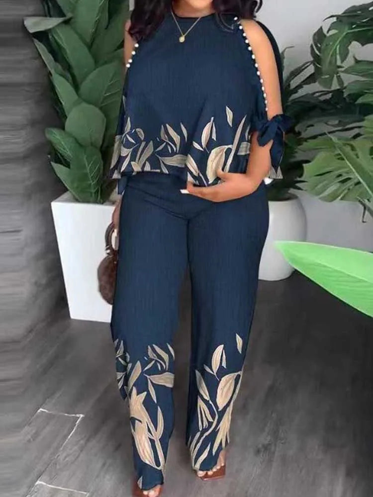 Female Clothing Summer Women Outfit Pearl Off The Shoulder Blouse and Trouser Elegant 2-piece Sets Plus Size Pant Sets