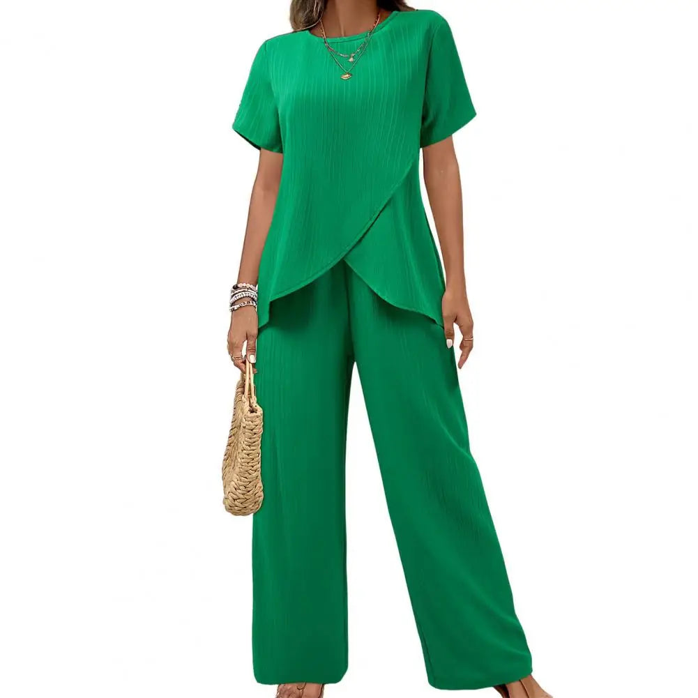New Fashion Elegant Office Ladies Set Casual Set With Irregular Short Sleeve Blouses Loose Long Pants Two Piece Outfit Women's