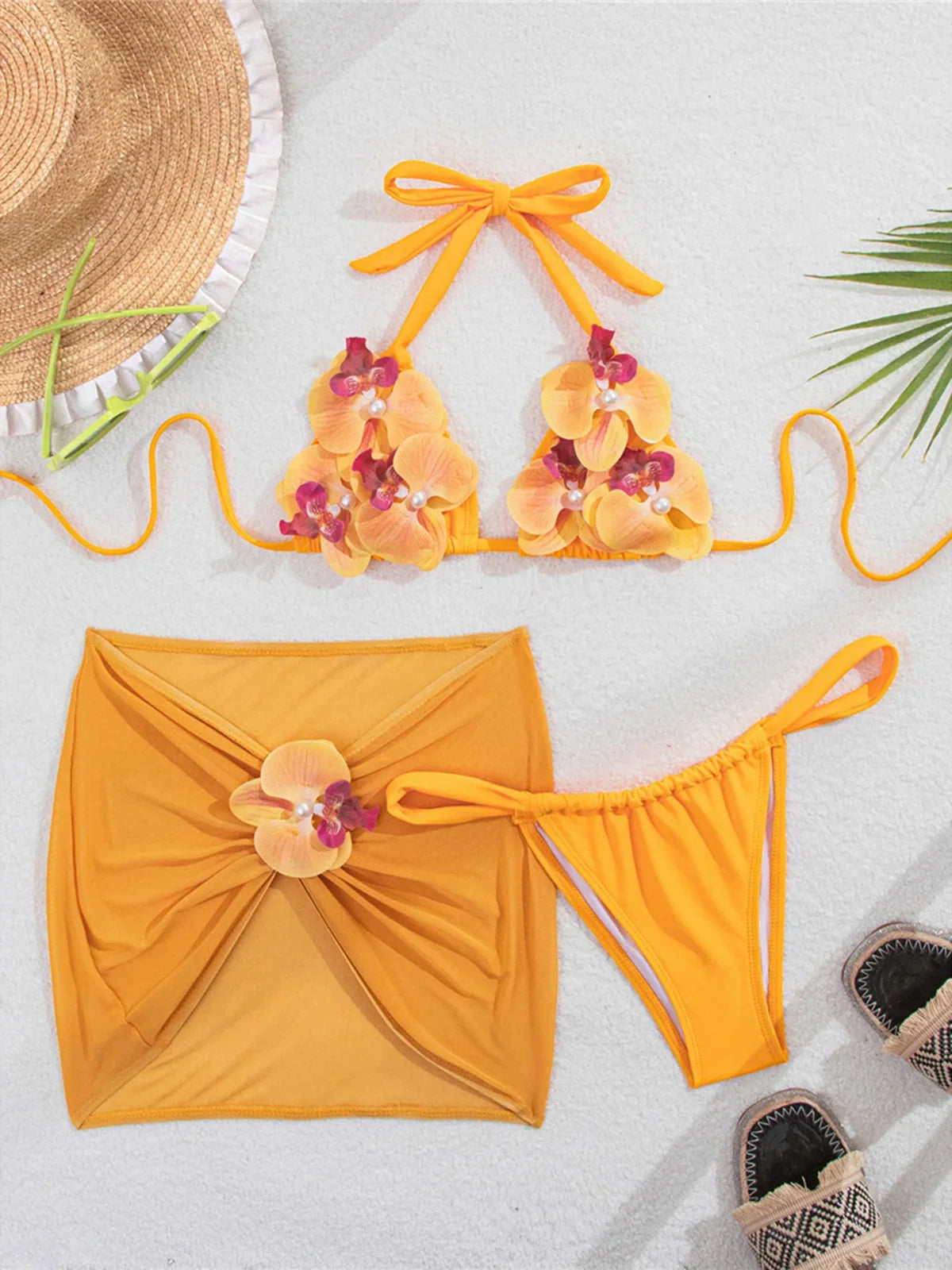 3D Flowers With Skirt Bikini Female Swimsuit Women Swimwear Halter Padded Bather Bathing Suit Swim Three-pieces Bikini set K8102
