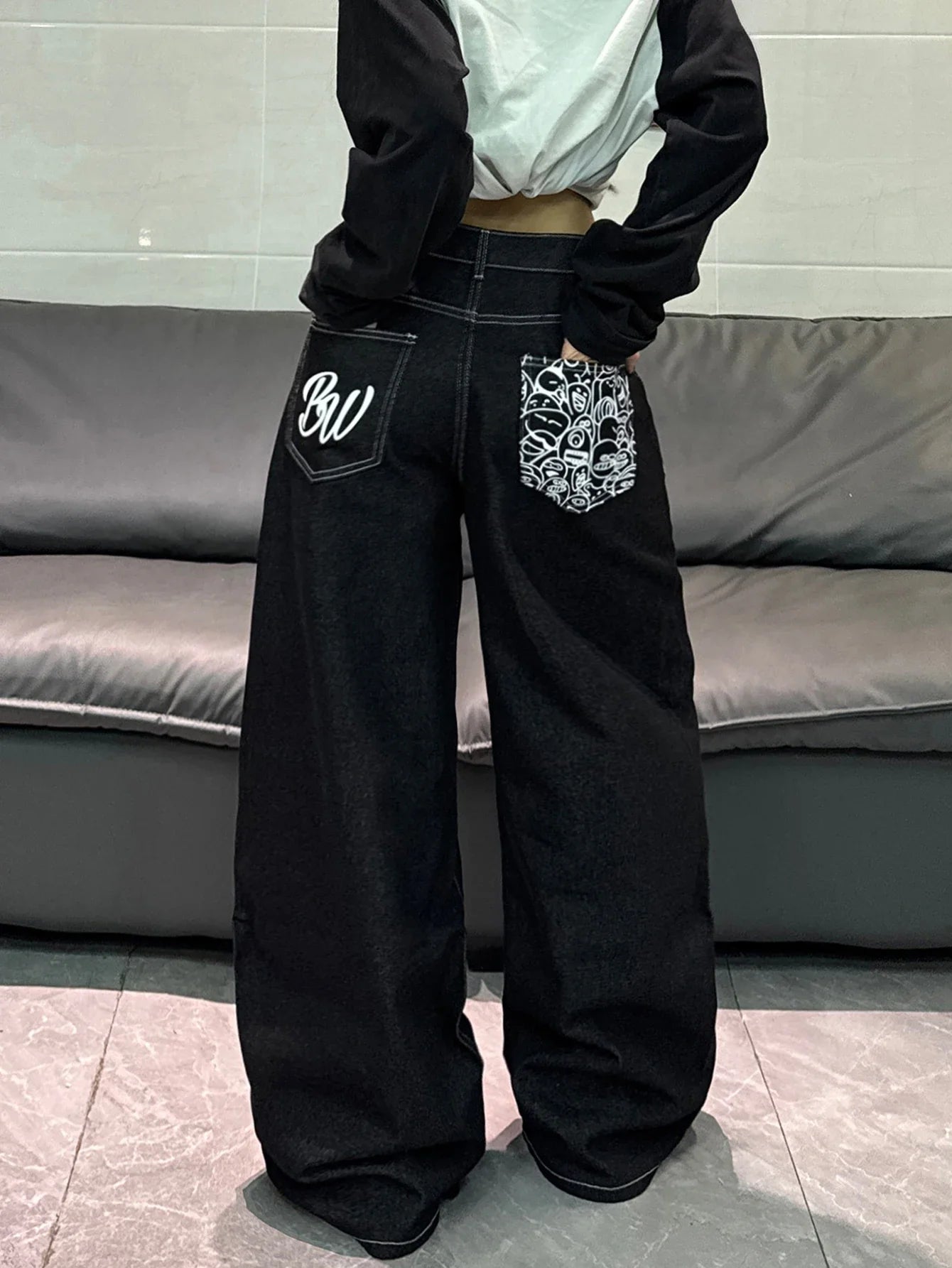 American High Street Cartoon Print Design Black Women's Loose Wide Leg Jeans Y2K Street Fashion Versatile Trousers