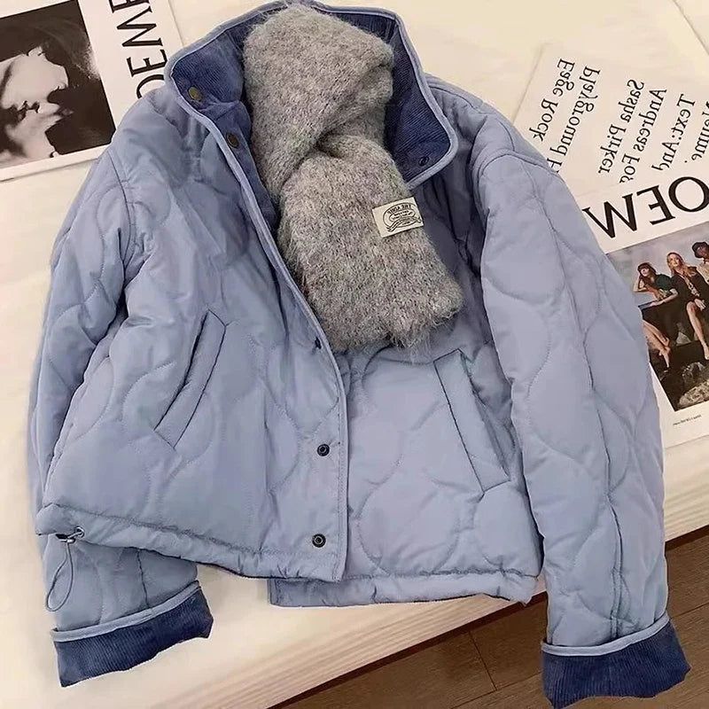 MEXZT Corduroy Parka Women Fashion Patchwork Puffer Jacket Winter Korean Down Coats Long Sleeve Casual Cotton Padded Outerwears