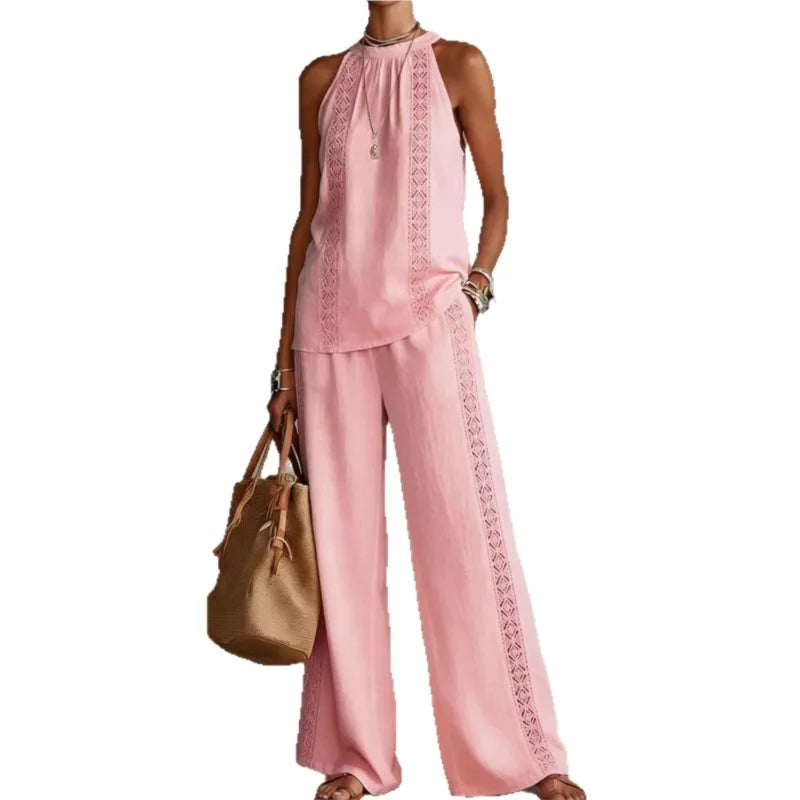 Sexy Halter Neck Sleeveless Tops Women's Suit Summer New Fashion Loose Retro Hollow Lace Pocket Wide Leg Pants 2-piece Set 2026