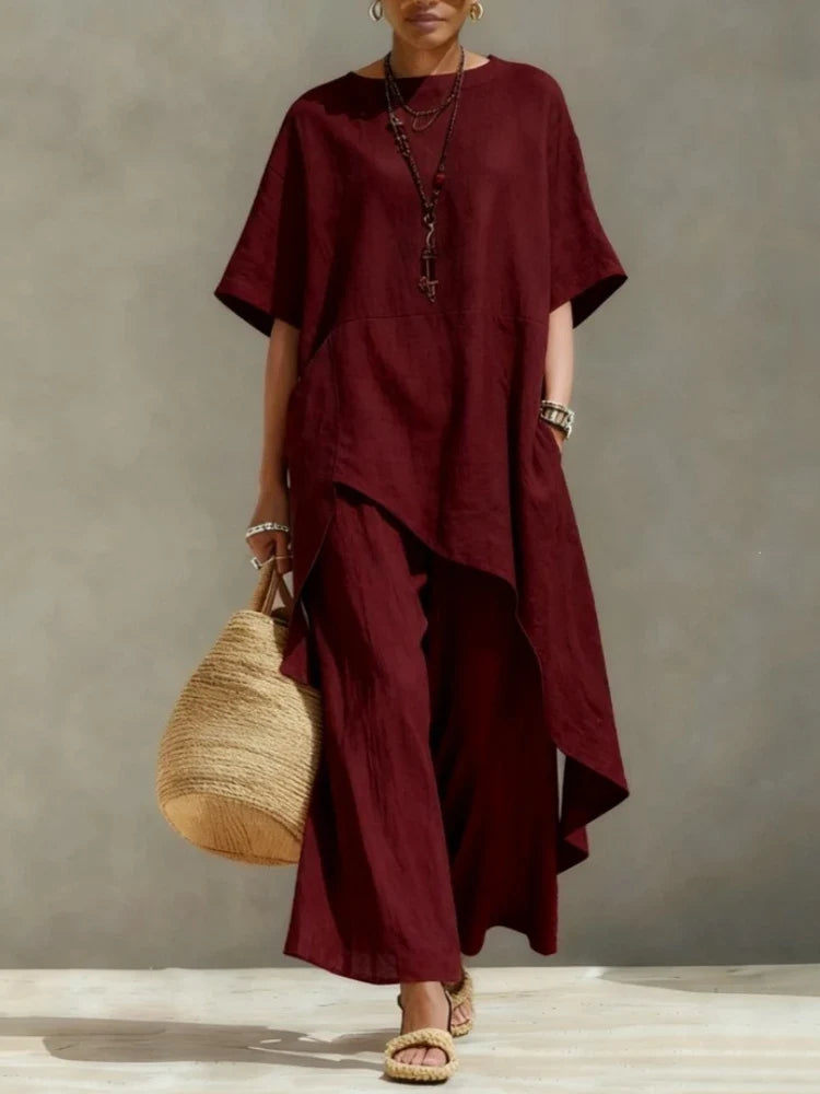 Women Cotton Linen Pant Sets 2 Pieces Casual Half Sleeve Solid Loose Irregular Blouse Elastic Waist Wide Leg Full Trousers Suits