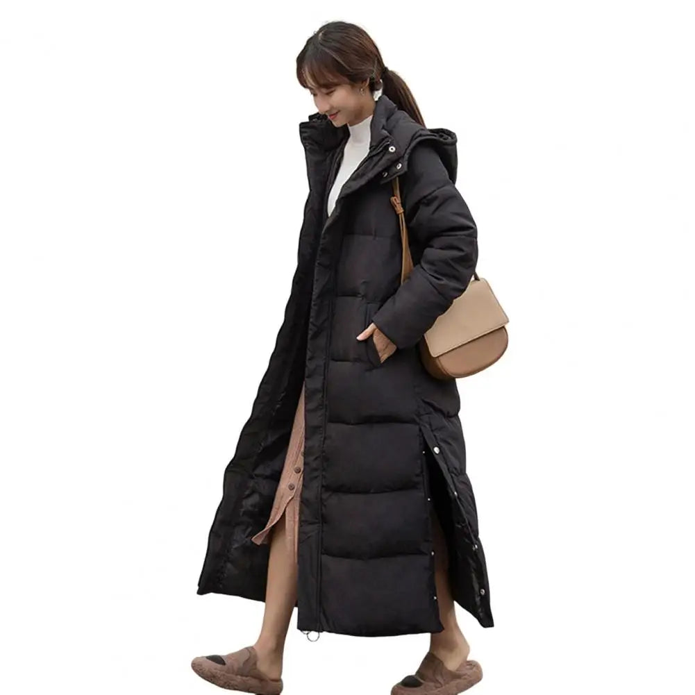 2024 Oversized Coat Hooded Long Sleeve Pockets Side Slit Hem Down Jacket Pockets Thickened Long Warm Down Cotton Outwear