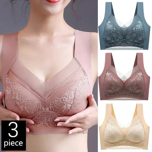 FallSweet Sujetadores Push Up de Encaje para Mujer, 3 Piezas, Sujetador Inalámbrico Sexy de Seda de Hielo, Bralette de Copa Profunda, Lencería Femenina, Ropa Interior para Mamá L-5XL