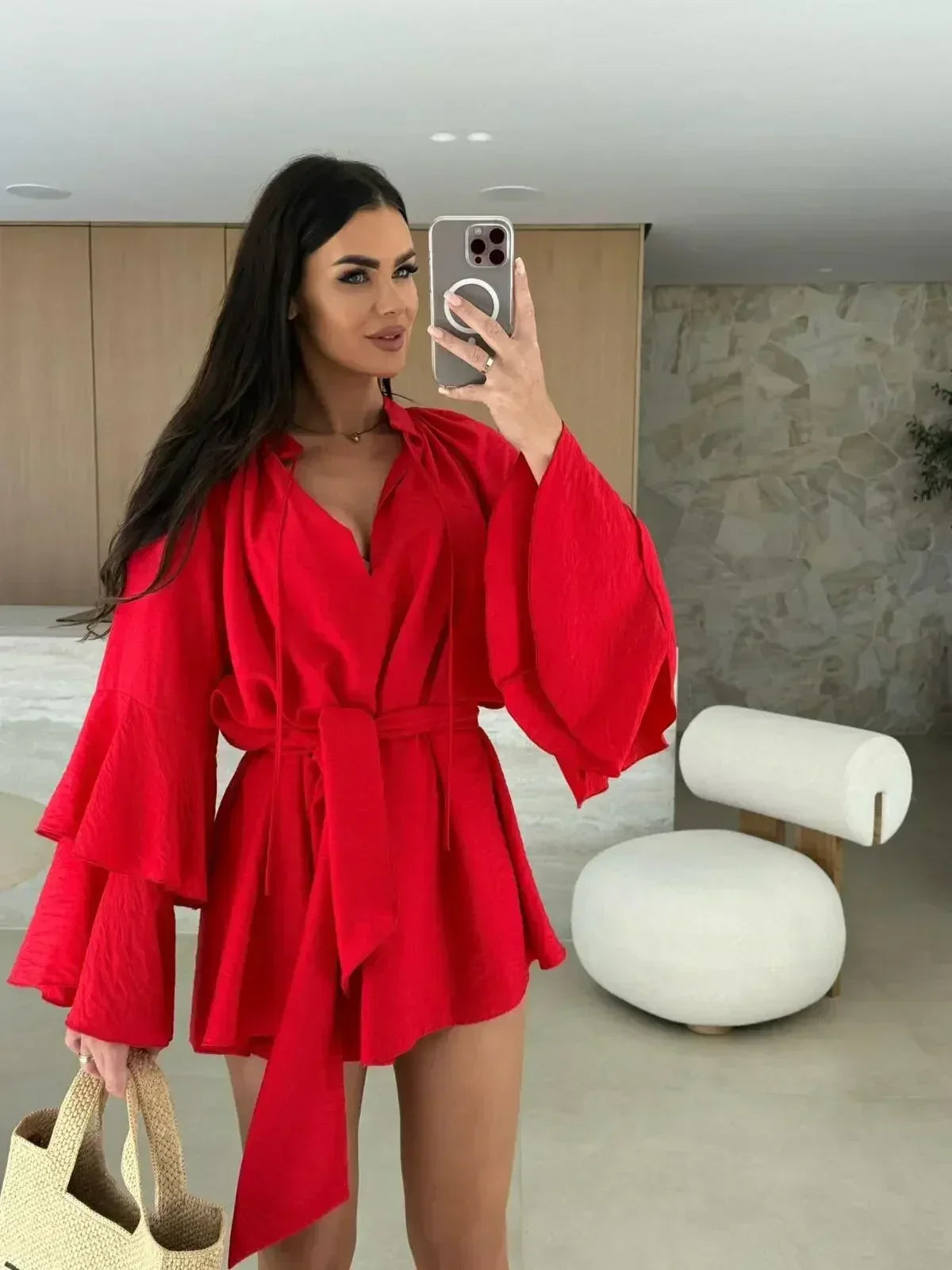 Elegant Fold Dress Women Brown Deep V-neck Long Sleeve Mini Dresses Female 2025 Spring Summer Fashion Loose Lady Vestidos