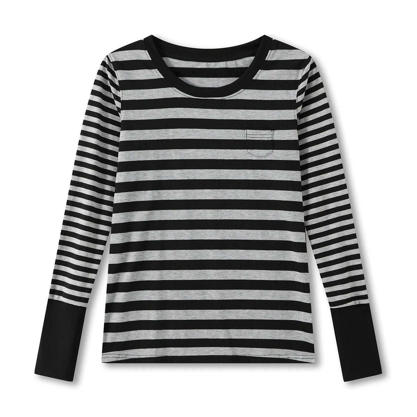 Women Striped Print Long Sleeve Tops Fitted Round Neck Fall T-shirts Casual Streetwear for Daily Office Party