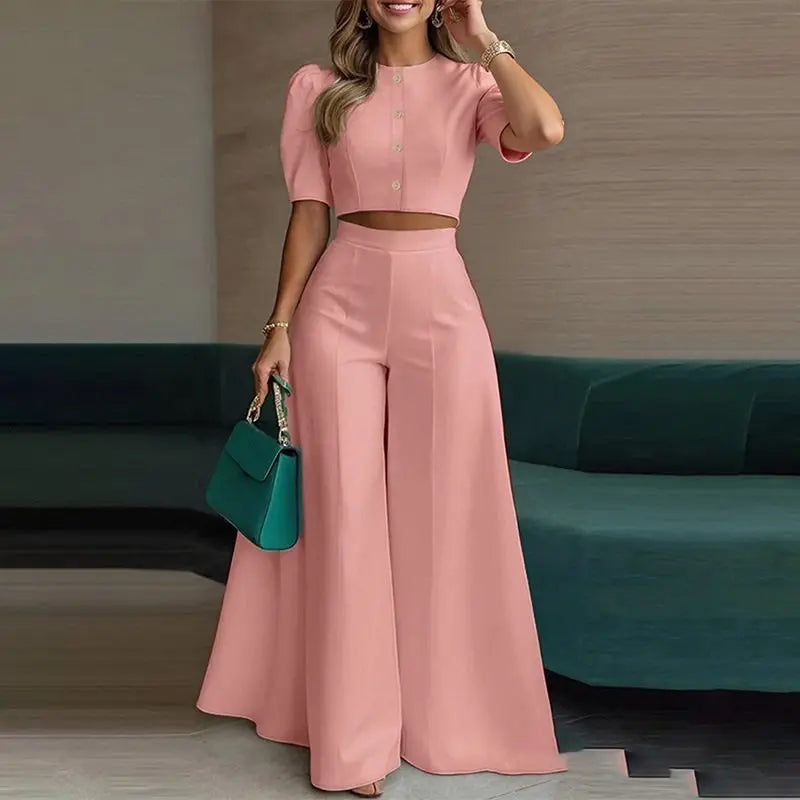 Women Elegant Solid Two Piece Sets Summer Short Sleeve Button-down Crop Blouse Top High Waist Wide-leg Pants Set Casual Outfits