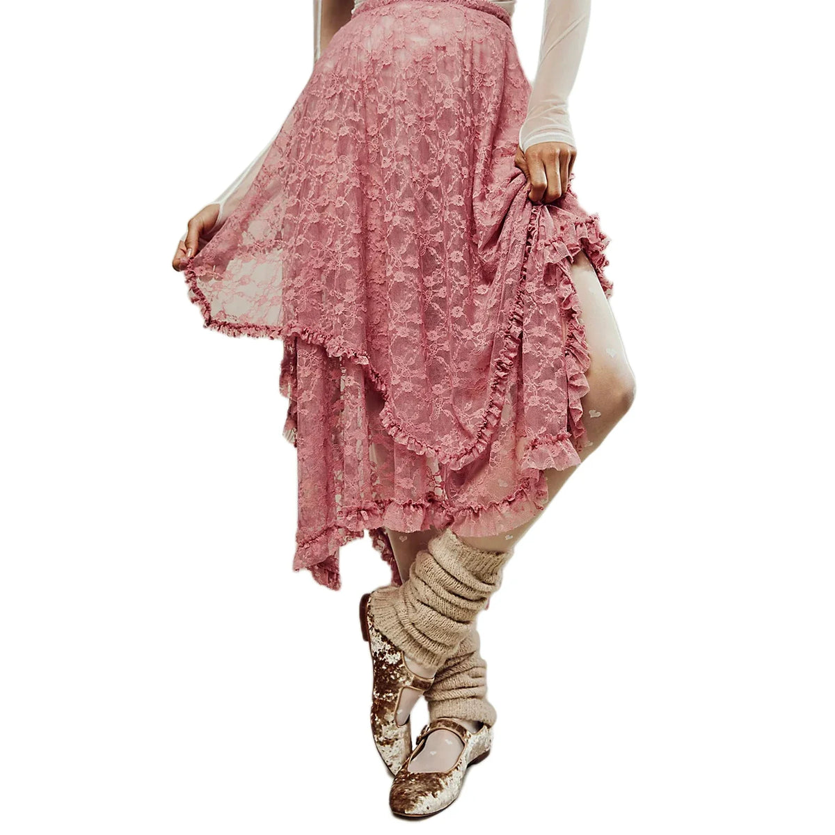 Women's Solid Color Midi Skirts Lace Elastic High Waist Skirts Spring Summer Sweet Irregular Hem Casual Skirts