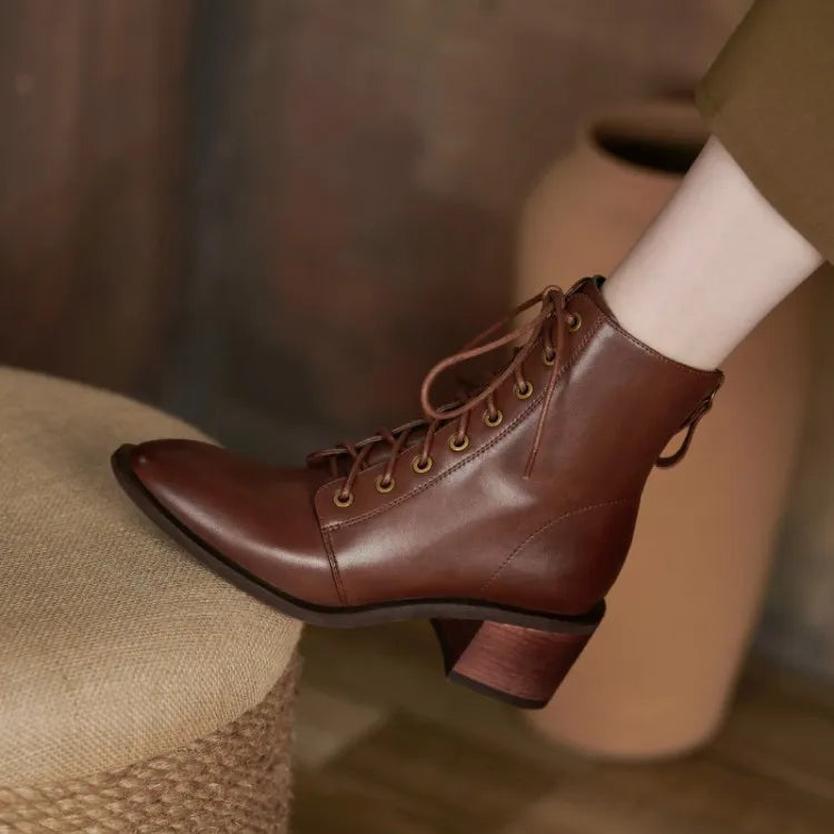 Women's Round Toe Split Leather Boots with Chunky Heels