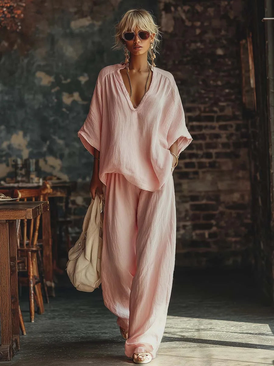Fashion V Neck Short Sleeve Top Suit Women's Set Spring Summer Loose Blouse Top Wide Leg Trousers Female Vacation 2 Piece Set