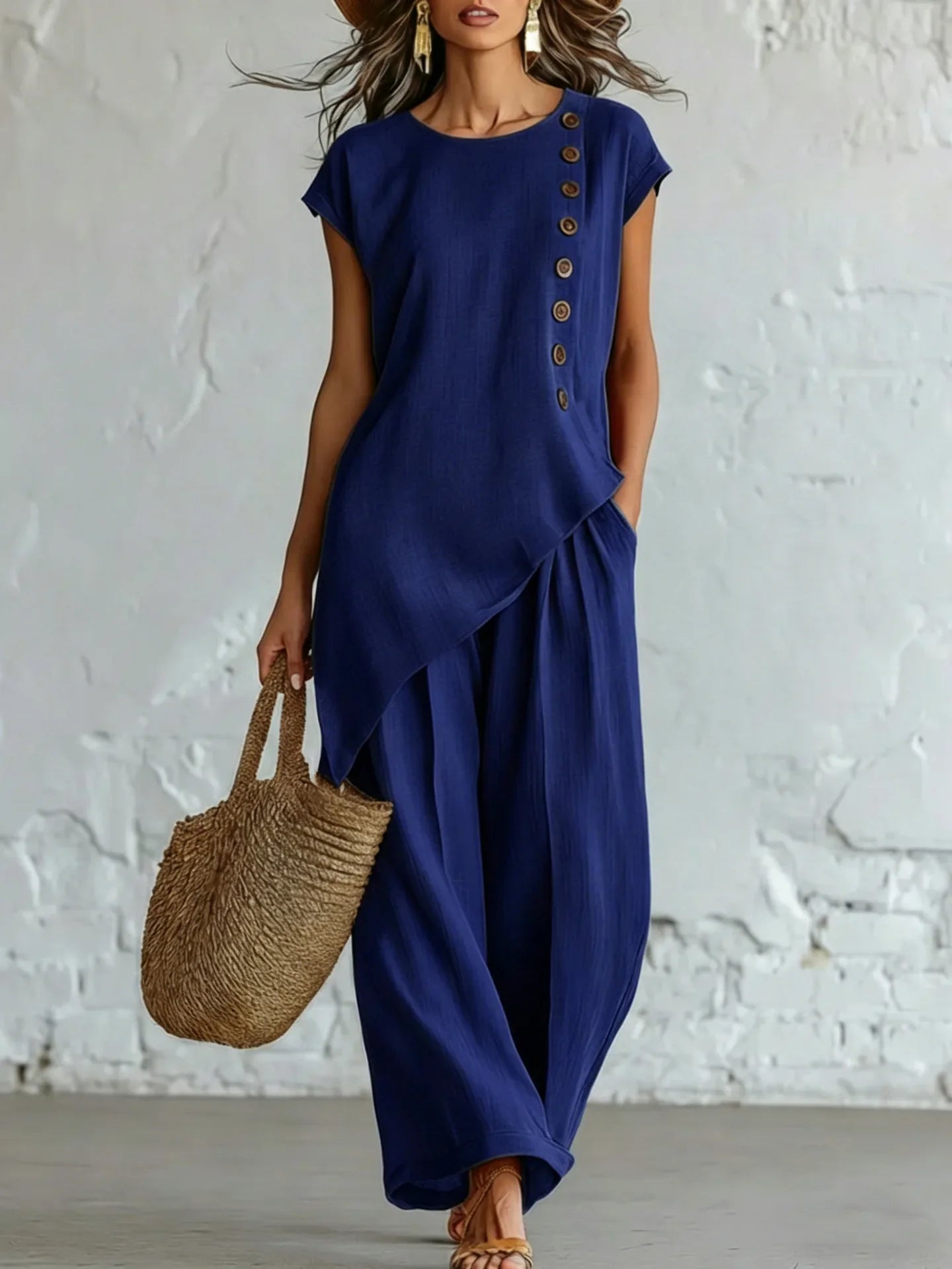2026 Women 2 Piece Set Elastic Waist Pocket Button Decorate Wide Leg Pants+Solid Blouse Suit Casual Top Trousers Lady Outfits